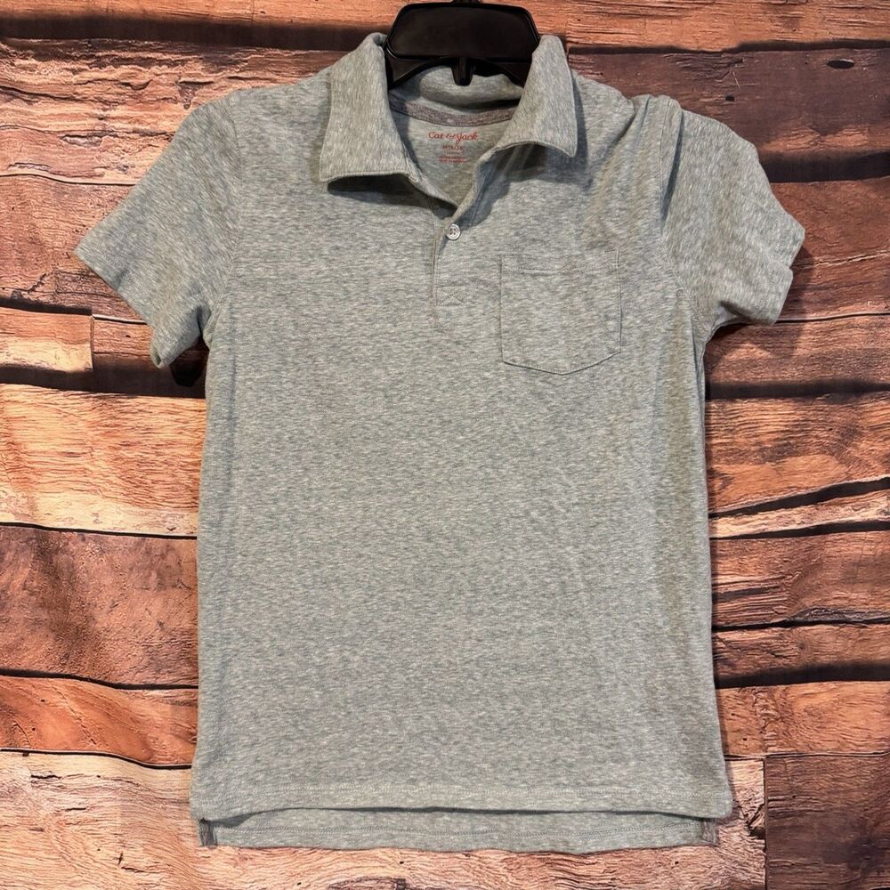 Cat Jack Boys Polo Shirt Medium 8 10 Heather Gray Short Sleeve Pocket Uniform M